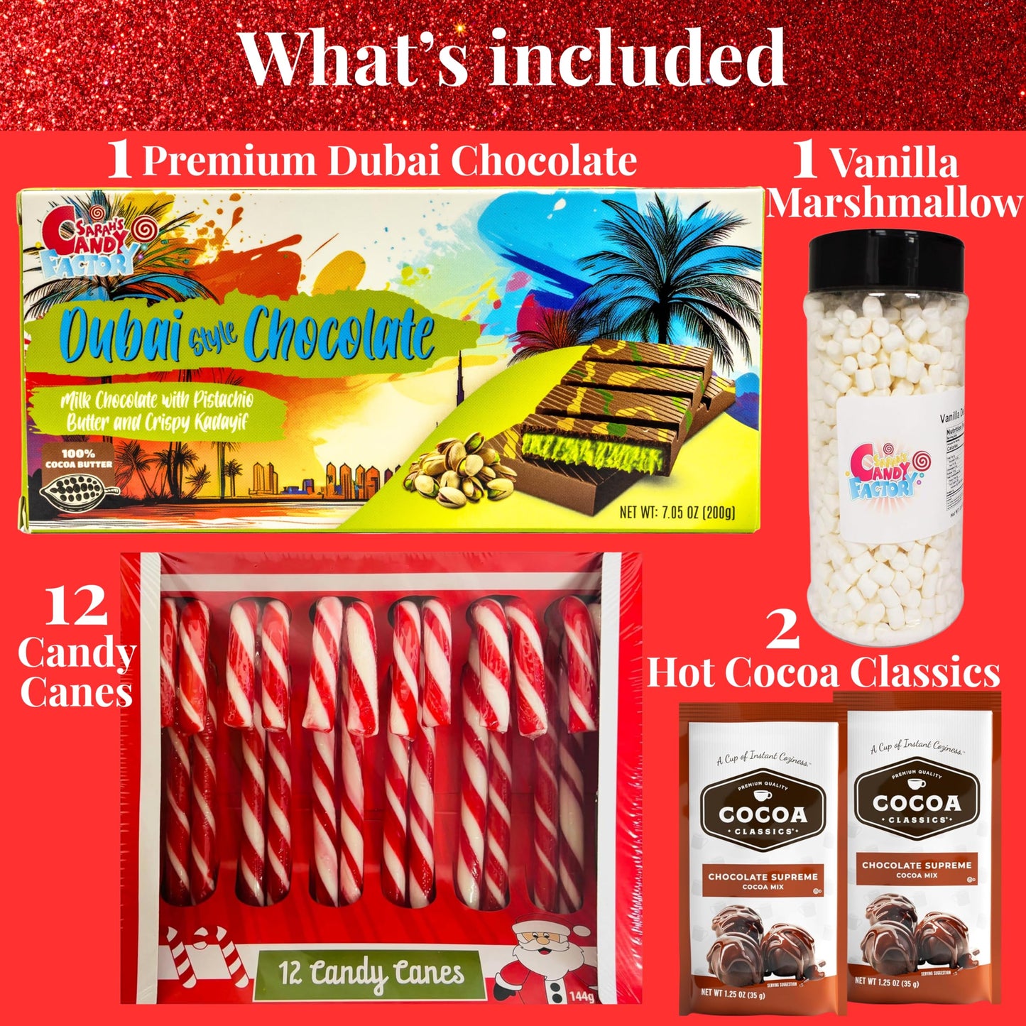 Enhanced 200 Gr Dubai Chocolate, Hot Cocoa Classics With Vanilla Dehydrated Mini Marshmallow, Candy Cane 12 Pieces,Luxury Christmas Gift Set