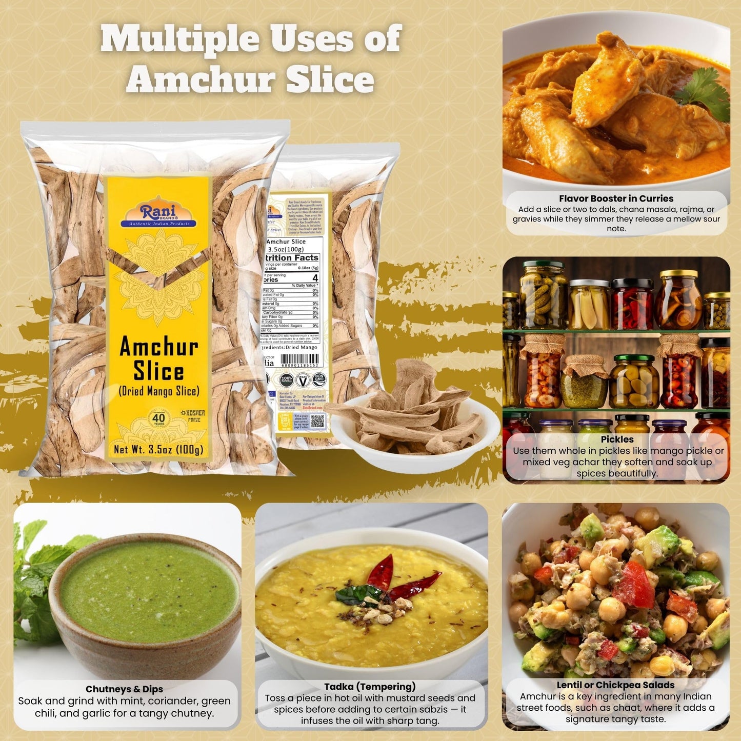 Rani Amchur (Mango) Dried Whole Slices Spice 3.5oz (100g) ~ All Natural, Indian Origin | No Color | Gluten Friendly | Vegan | NO