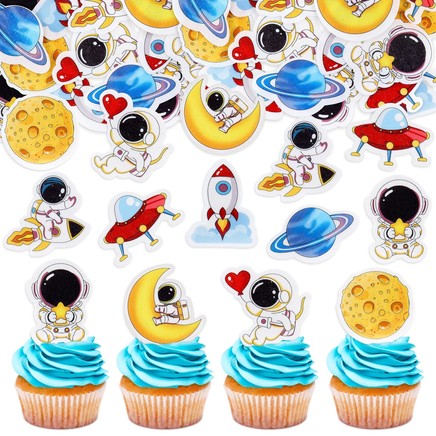 Cyodoos 40Pcs Edible Outer Space Cupcake Toppers Space Astronaut Cupcake Picks Rocket Planet Trip to the Moon Cake Decoration fo