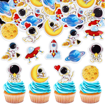 Cyodoos 40Pcs Edible Outer Space Cupcake Toppers Space Astronaut Cupcake Picks Rocket Planet Trip to the Moon Cake Decoration fo