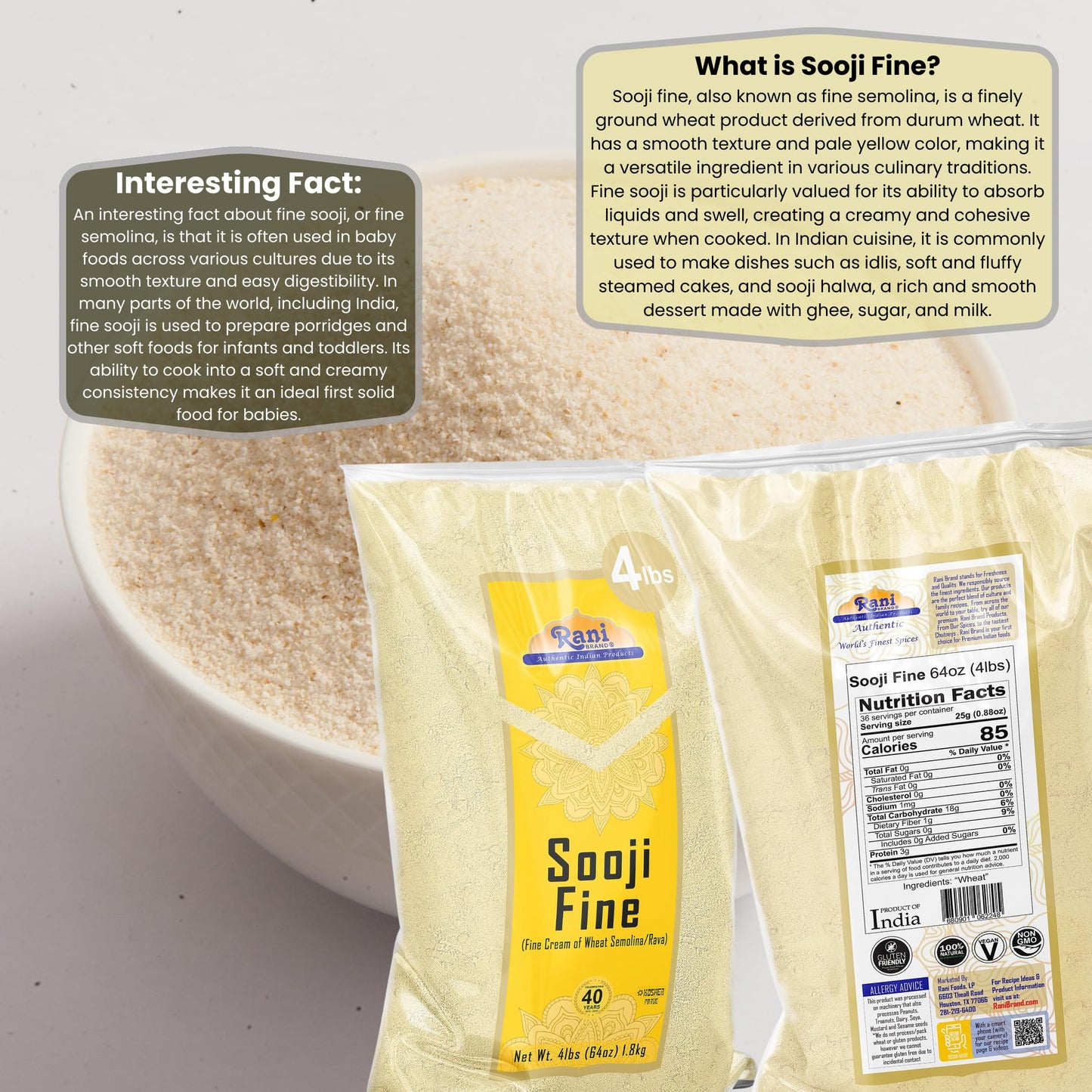 Rani Brand Sooji Fine Flour - 4lbs (64oz) - All Natural, Vegan, Non-GMO, Indian Origin