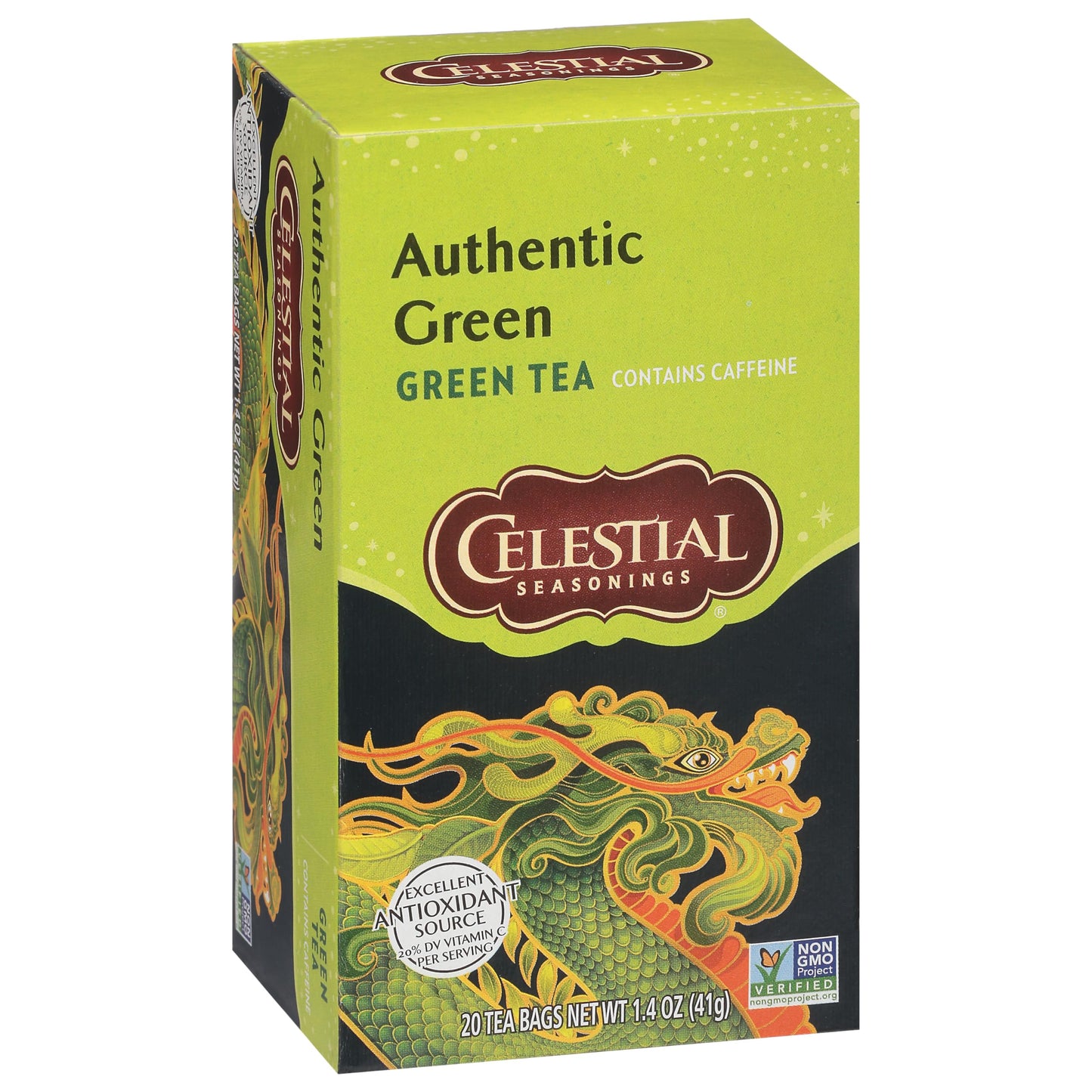 Celestial Seasonings Green Tea, Authentic, 20 Tea Bags, Caffeine, Pack of 6, Natural