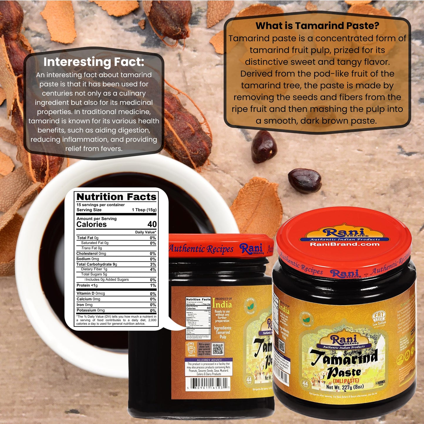 Rani Tamarind Paste Puree (Imli) 8Oz (227G) Glass Jar, No Added Sugar, Pack Of 5+1 Free ~ All Natural | Vegan | Gluten Free | No