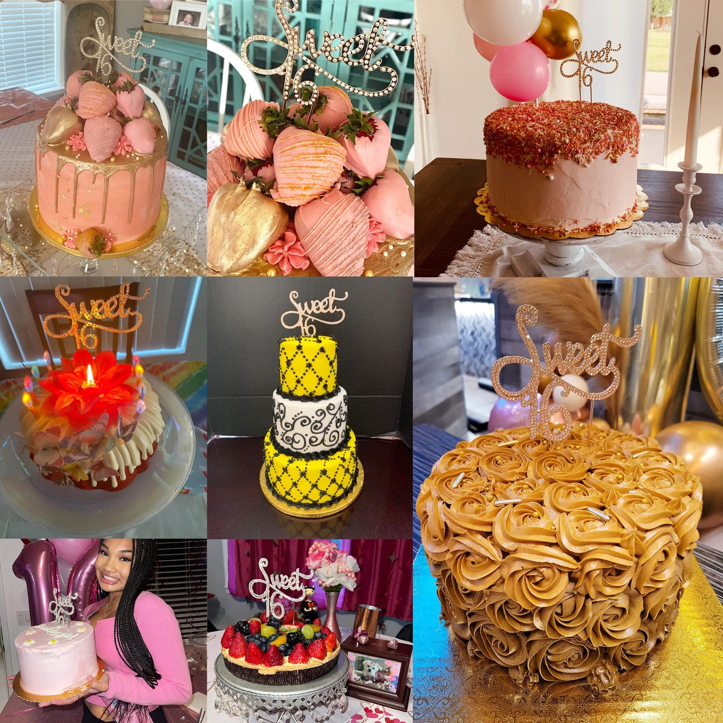 Honbay Sweet 16 Cake Topper, Premium Sparkly Crystal Rhinestones Decoration, Gold