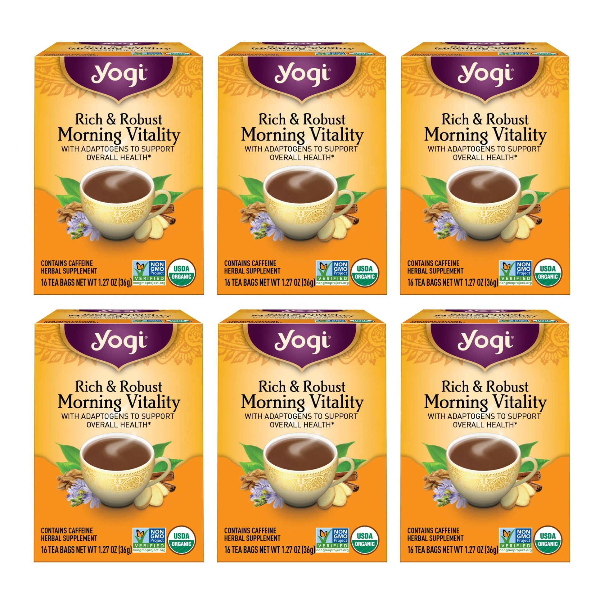 Yogi Tea Rich & Robust Morning Vitality Tea - 16 Tea Bags Per Pack (6 Packs) - Organic Adaptogen Tea Perfect For The Morning - I