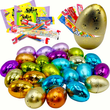 Easter Candy with Fillable Metallic Eggs, Bulk 24 Large Metallic Plastic Fillable Easter Eggs in Assorted Colors, with Mix of In