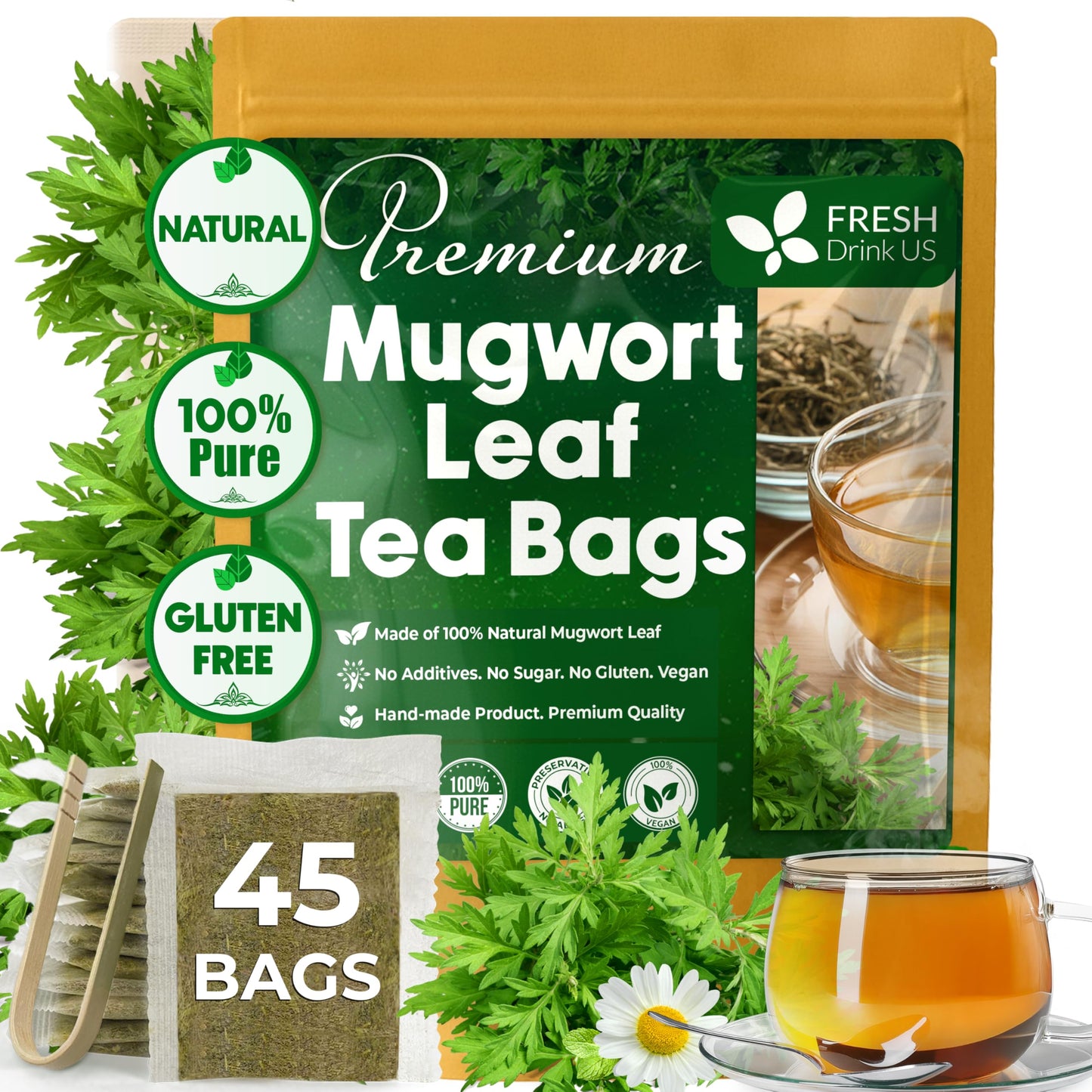 Freshdrinkus  Top-Grade 45 Mugwort Leaf Tea Bags  100% Natural And Pure Mugwort Leaves. No Sugar  No Energy Blend  No Gluten  Vegan. (45 Tea Bags)