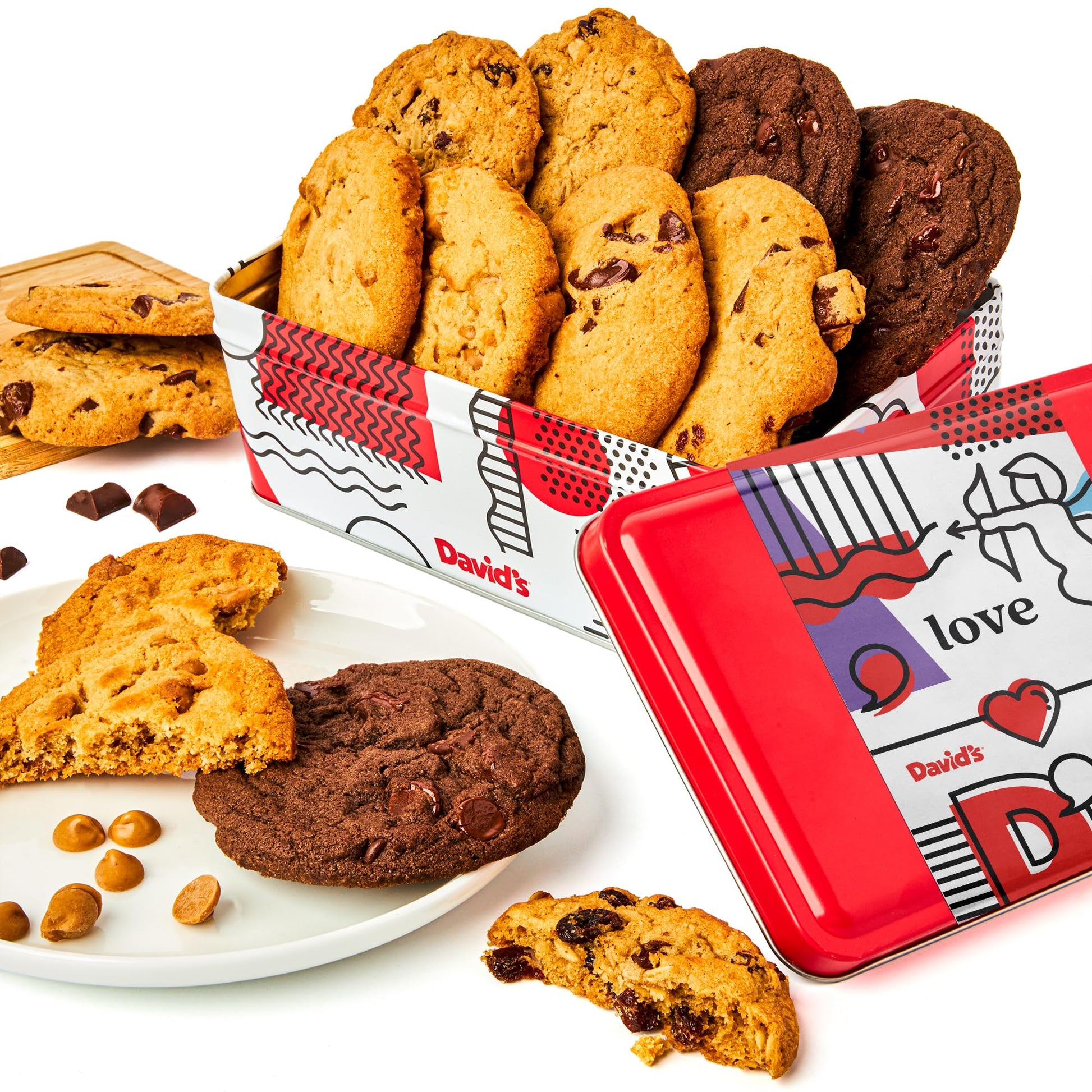 Davids Fresh Baked Assorted Cookies Sweet Sampler in Love Tin 8 Count - Chocolate Chunk, Peanut Butter Chip, Double Chocolate Ch
