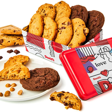 Davids Fresh Baked Assorted Cookies Sweet Sampler in Love Tin 8 Count - Chocolate Chunk, Peanut Butter Chip, Double Chocolate Ch