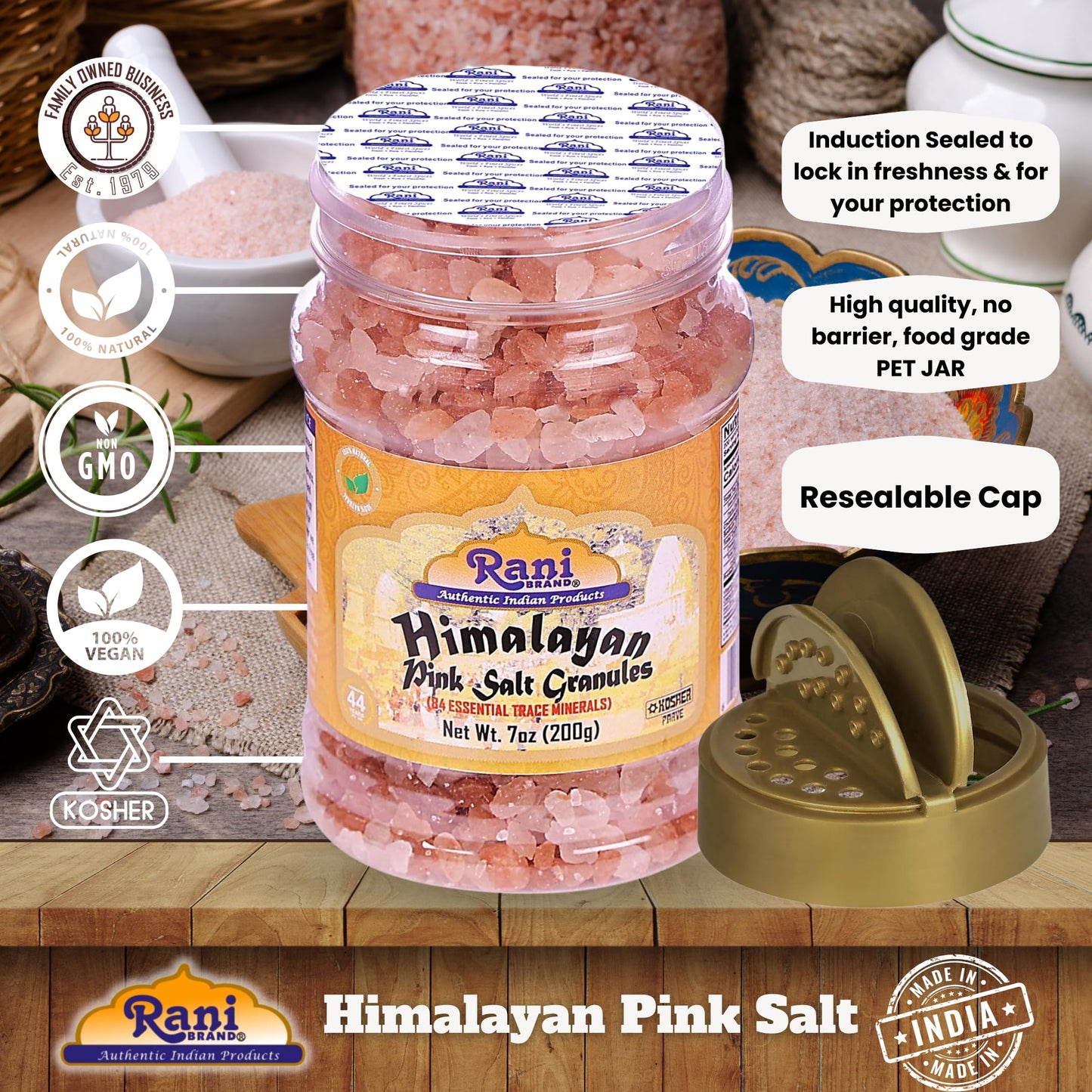 Rani Himalayan Pink Salt Granules (84 Essential Trace Minerals) 7oz (200g) PET Jar ~ All Natural | Vegan | Gluten Friendly | NON