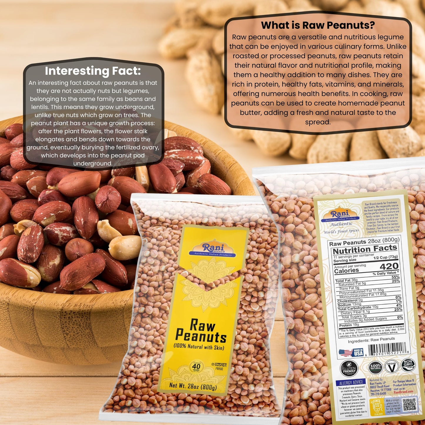 Rani Peanuts, Raw Whole With Skin (Uncooked, Unsalted) 28Oz (800G) ~ All Natural | Vegan | Gluten Friendly | Kosher | Fresh Prod