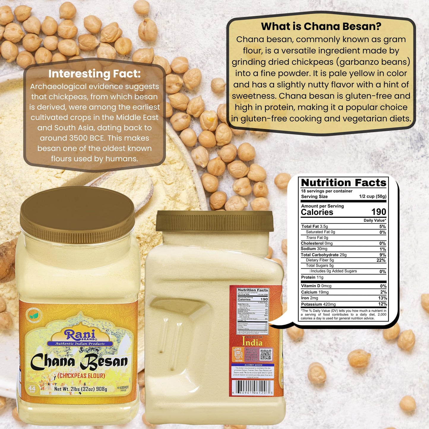Rani Chana Besan Chickpeas Flour, 32oz, All Natural, Vegan, Gluten Friendly, NON-GMO, Kosher, Indian Origin