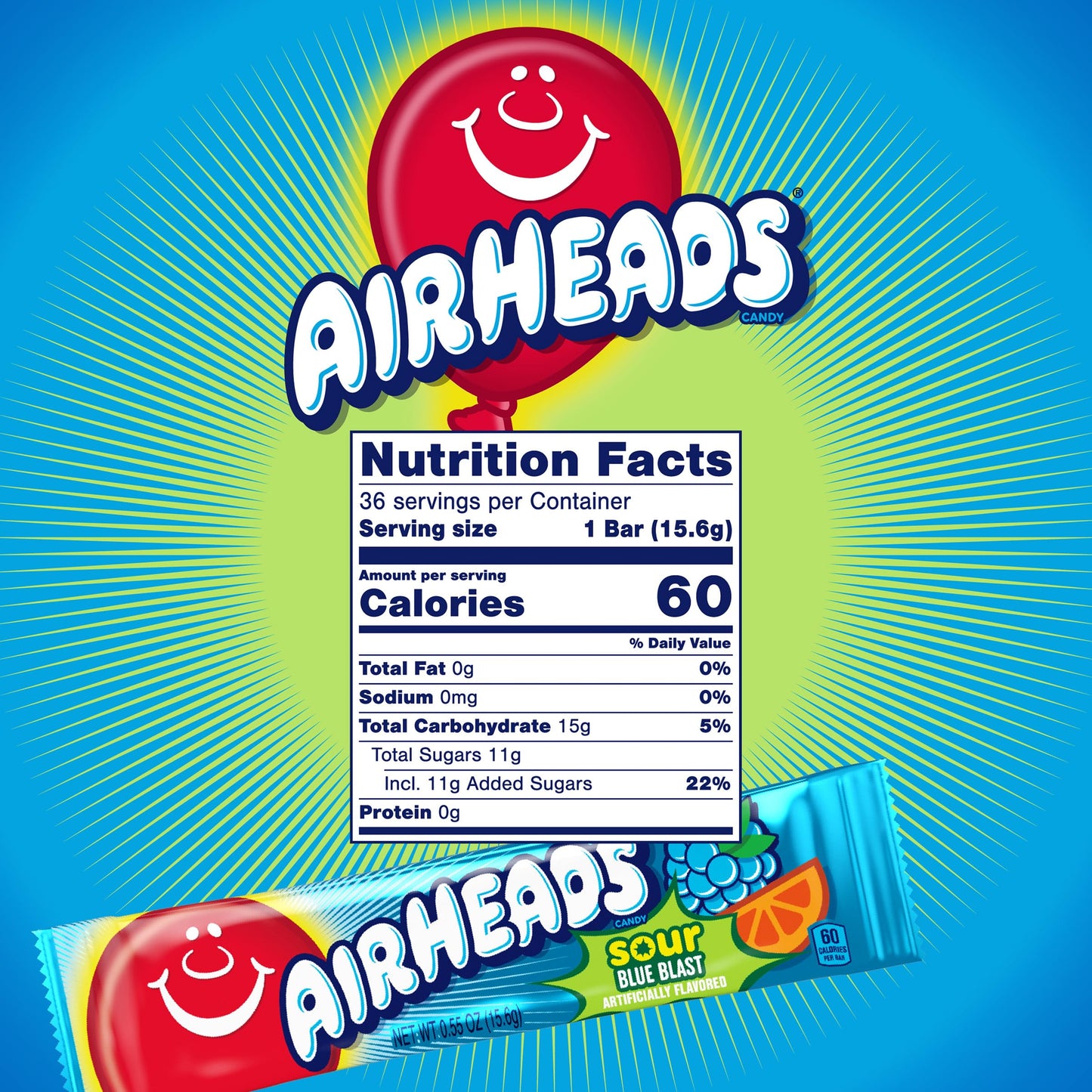 Airheads Sour Candy Bars, Sour Blue Blast Flavored, Bulk, Concessions, Parties, Pack Of 36 Bars