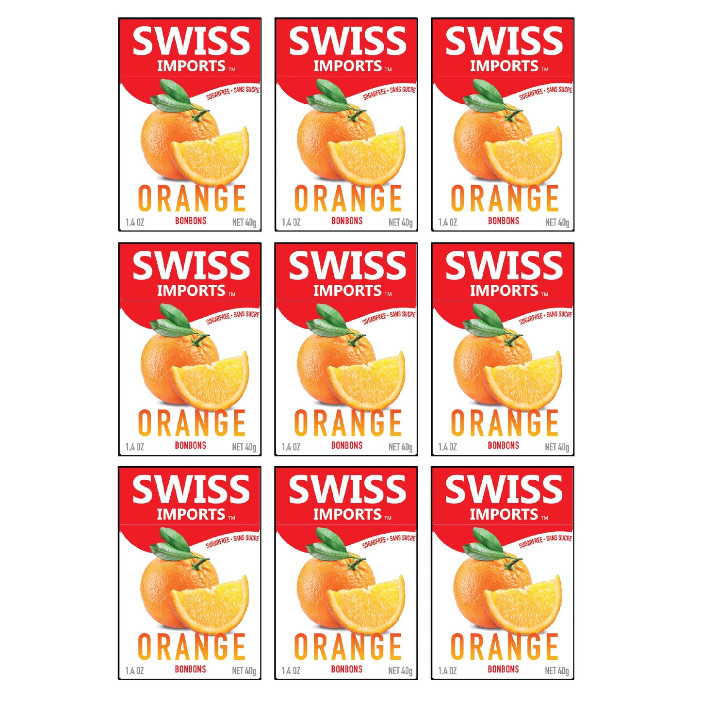 Swiss Imports Sugar Free Bonbons Hard Candy Drops, Orange, 1.4 Oz/40G Box, 9 Pack