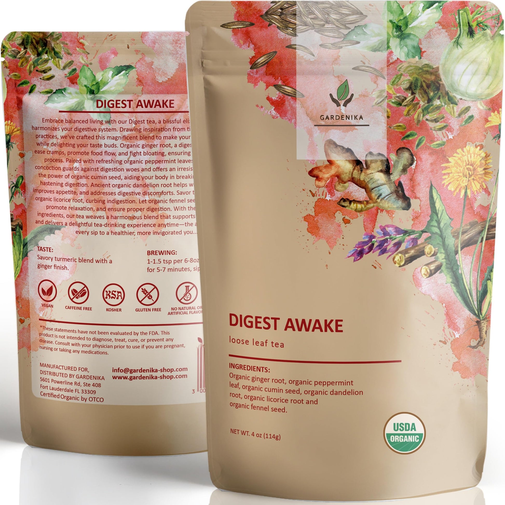 Gardenika Organic Digestive Loose Leaf Tea, Herbal Blend with Dandelion, Ginger, Peppermint, Licorice - 4 oz, Caffeine-Free