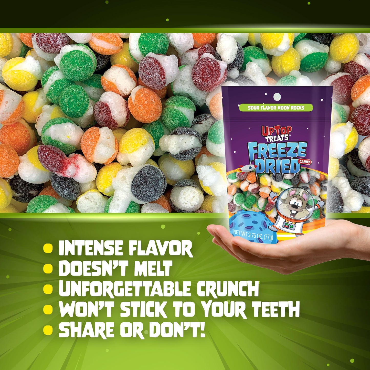 Sour Moon Rocks - UpTop Treats Freeze Dried Candy, Crunchy Candy for ASMR, Strawberry, Lemon, Lime, Orange, & Grape, Snacks for
