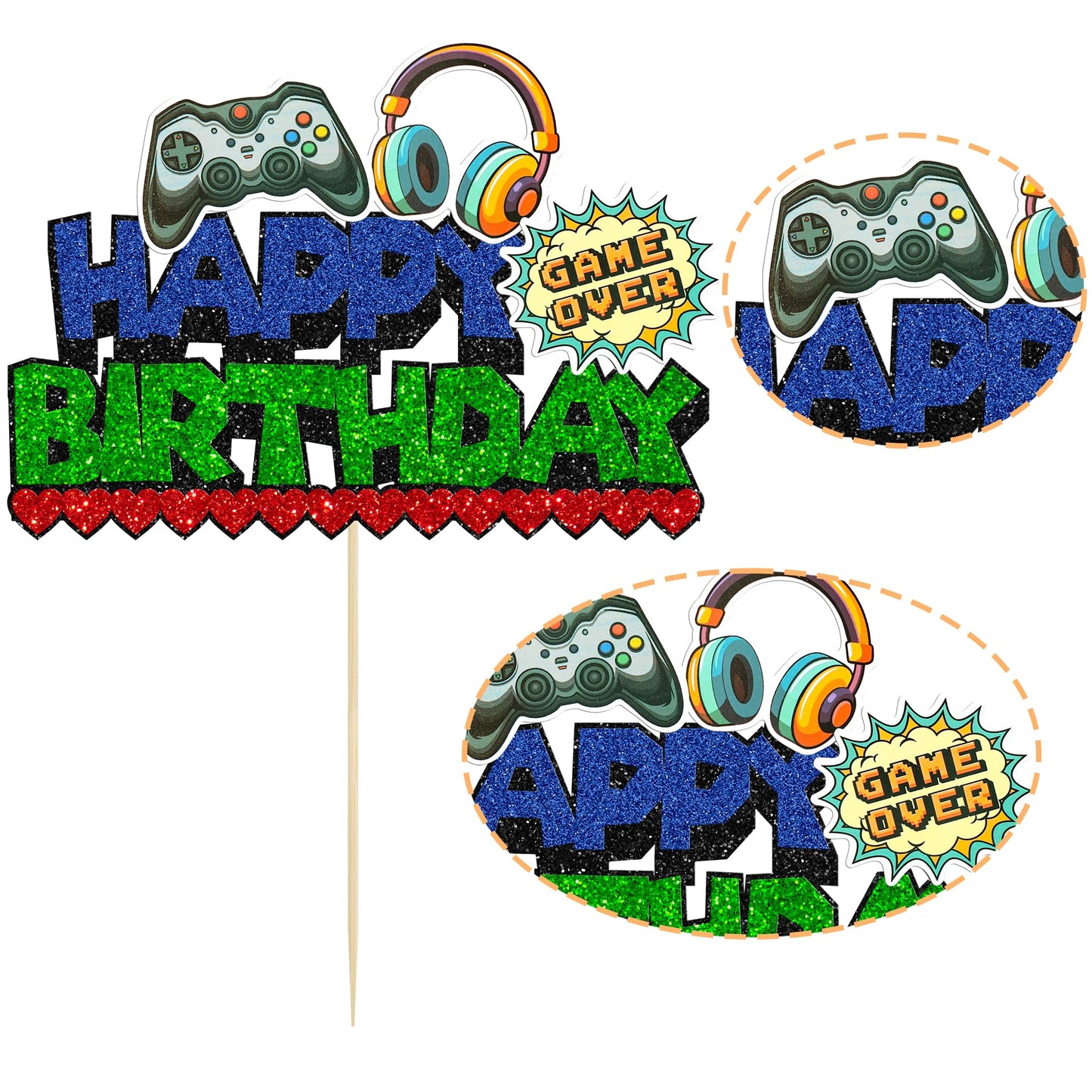 Ephlyn 1Pcs Video Game Happy Birthday Cake Topper Glitter Video Game Cake Pick Game On Controllers Gamepad Cake Decoration For G