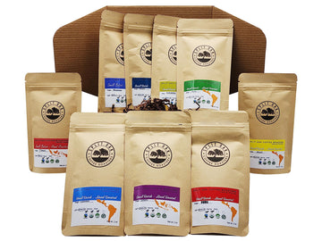 Best Coffee Gift Box Set 9 Assorted Coffees Sumatra Timor Colombia Ethiopia Honduras Mexico Guatemala Brazil Peru. (9 Pack Whole