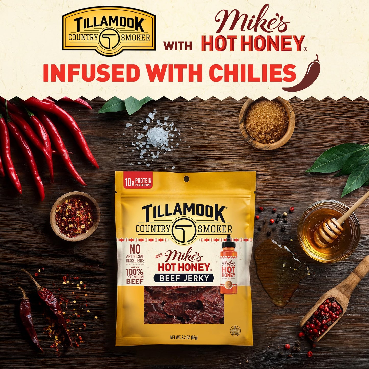 Tillamook Country Smoker Enhanced Beef Jerky, Mikes Hot Honey, 2.2 Ounce, Real Hardwood Smoked Beef, Low Carb, High Protein, Ready To Eat Sweet & Spicy Snack