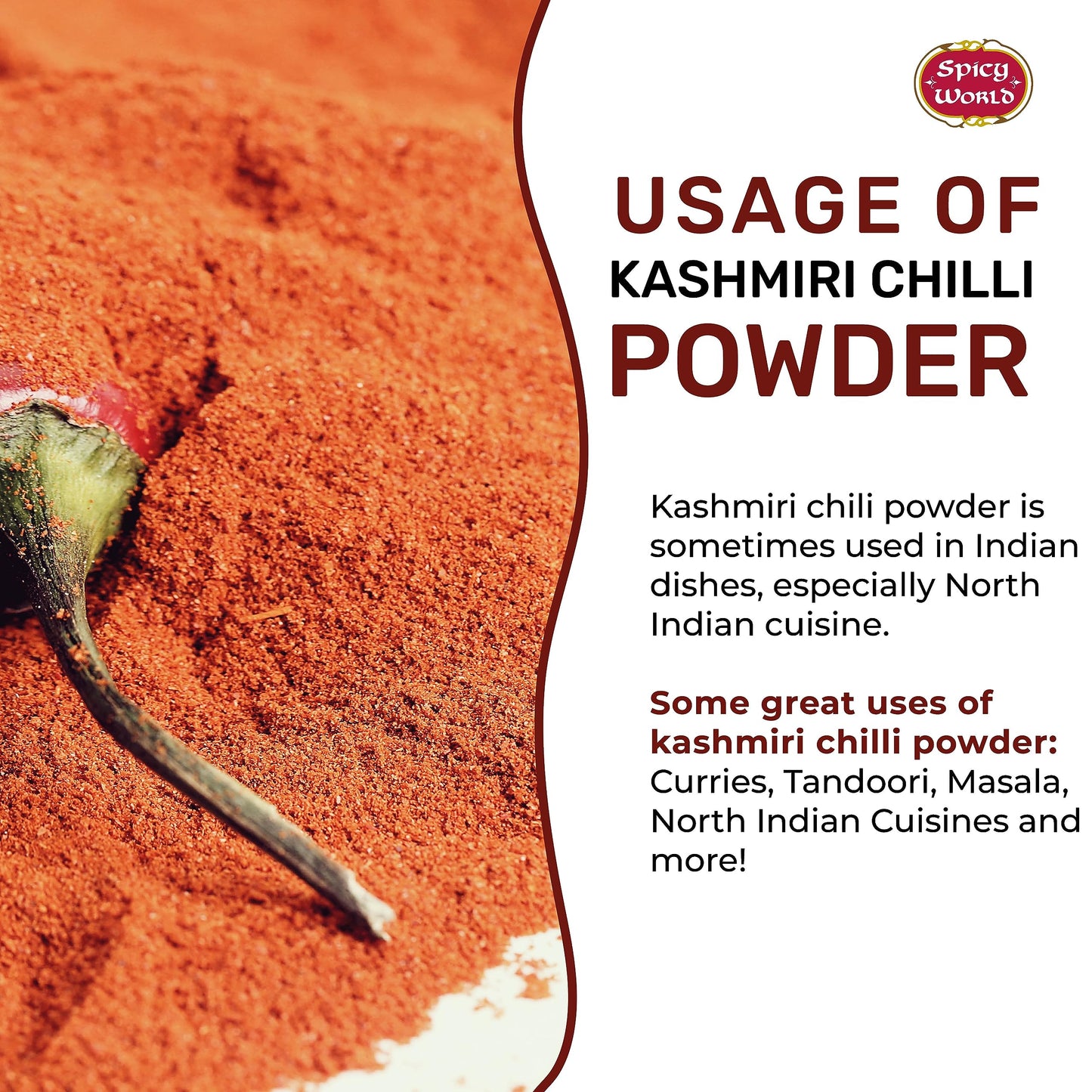 Spicy World Kashmiri Chili Powder - 7 oz Resealable Bag | All Natural, Low Heat Red Chili Powder for Cooking and Seasoning