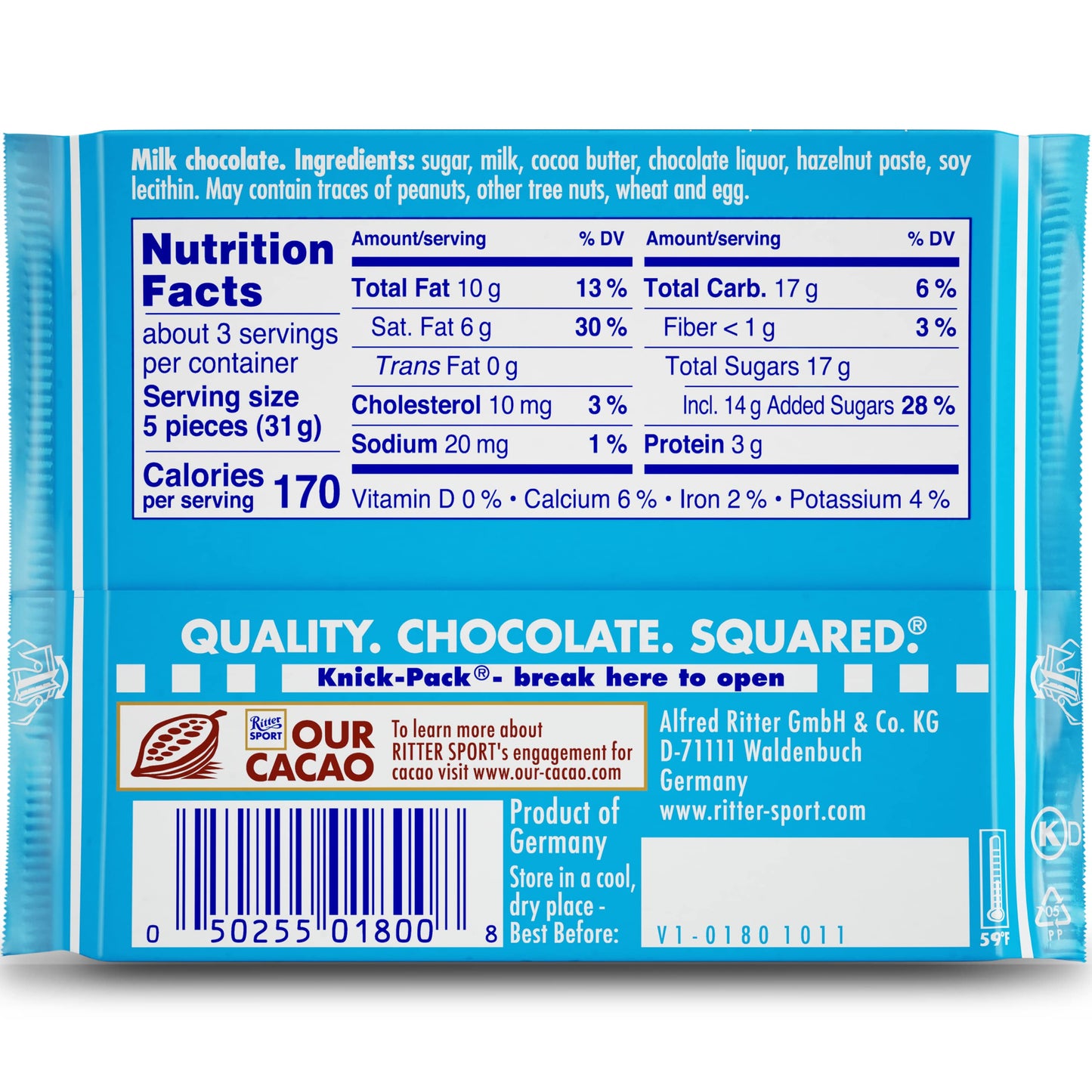 Ritter Sport Alpine Milk Chocolate, 3.5 Ounce Bar, 12 Pack 100% Certified Sustainable Cocoa