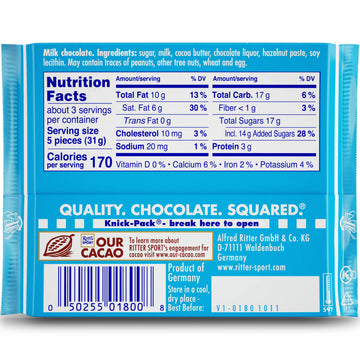 Ritter Sport Alpine Milk Chocolate, 3.5 Ounce Bar, 12 Pack 100% Certified Sustainable Cocoa