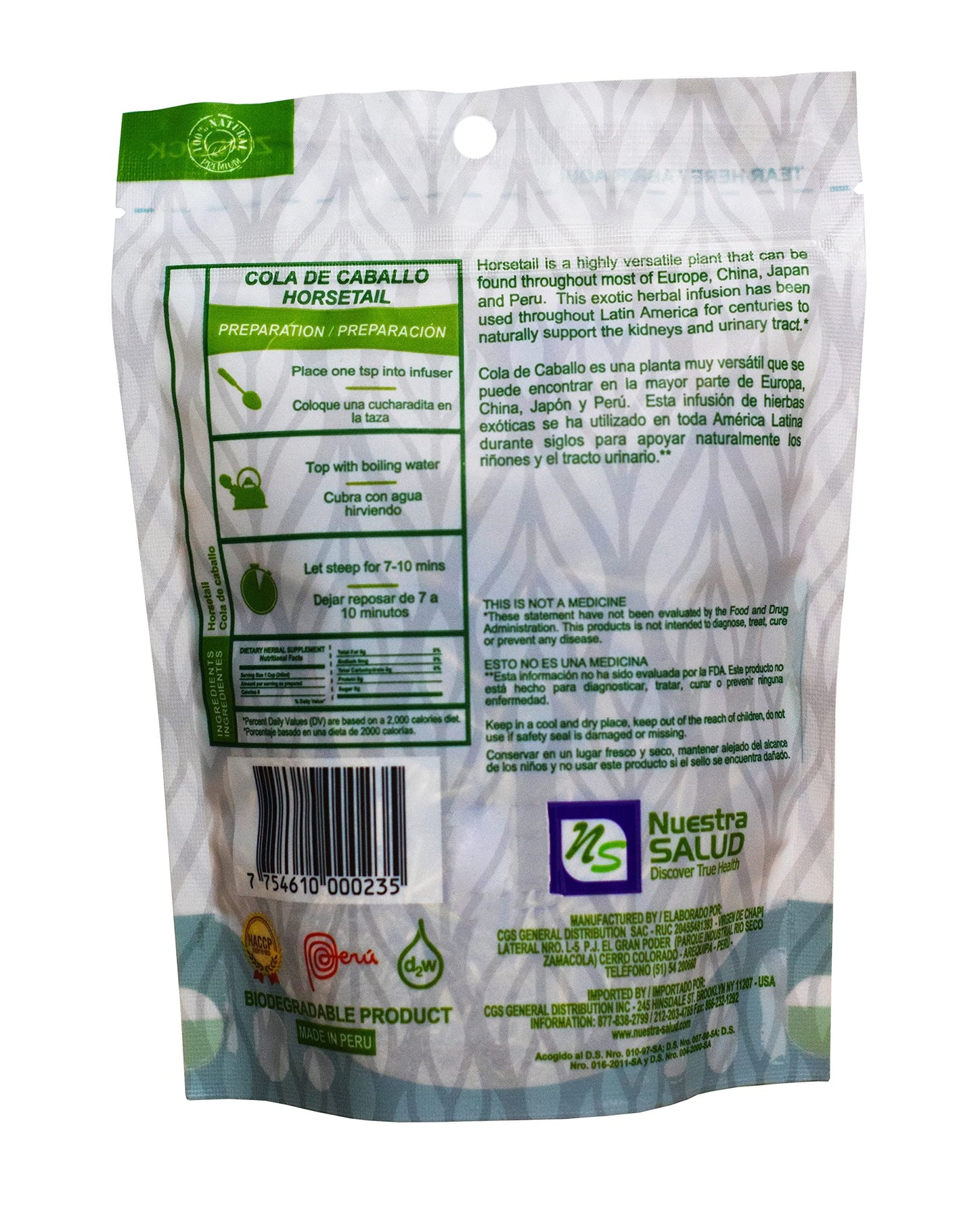 Nuestra NS Salud Horsetail Herbal Tea, 100% Natural, Caffeine Free, 30g (1.05oz) Zip-Lock Bag