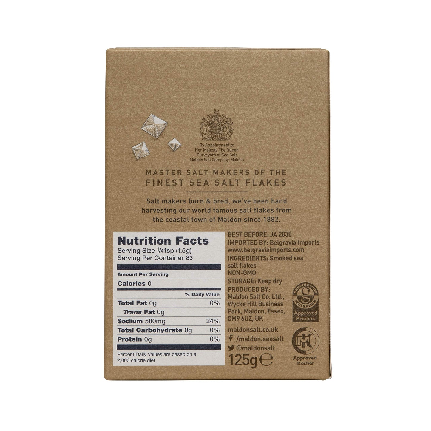 Maldon Smoked Sea Salt Flakes, Kosher, Handcrafted, Gourmet, 4.4 oz (125 g), Pack of 2, Pyramid Crystals
