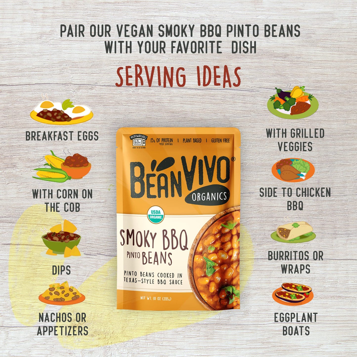 BeanVIVO (Pack of 6) Organics 15g Plant based Protein BBQ Pinto Beans - Good Source of Fiber - Nutritious & Microwave Meals - Gl