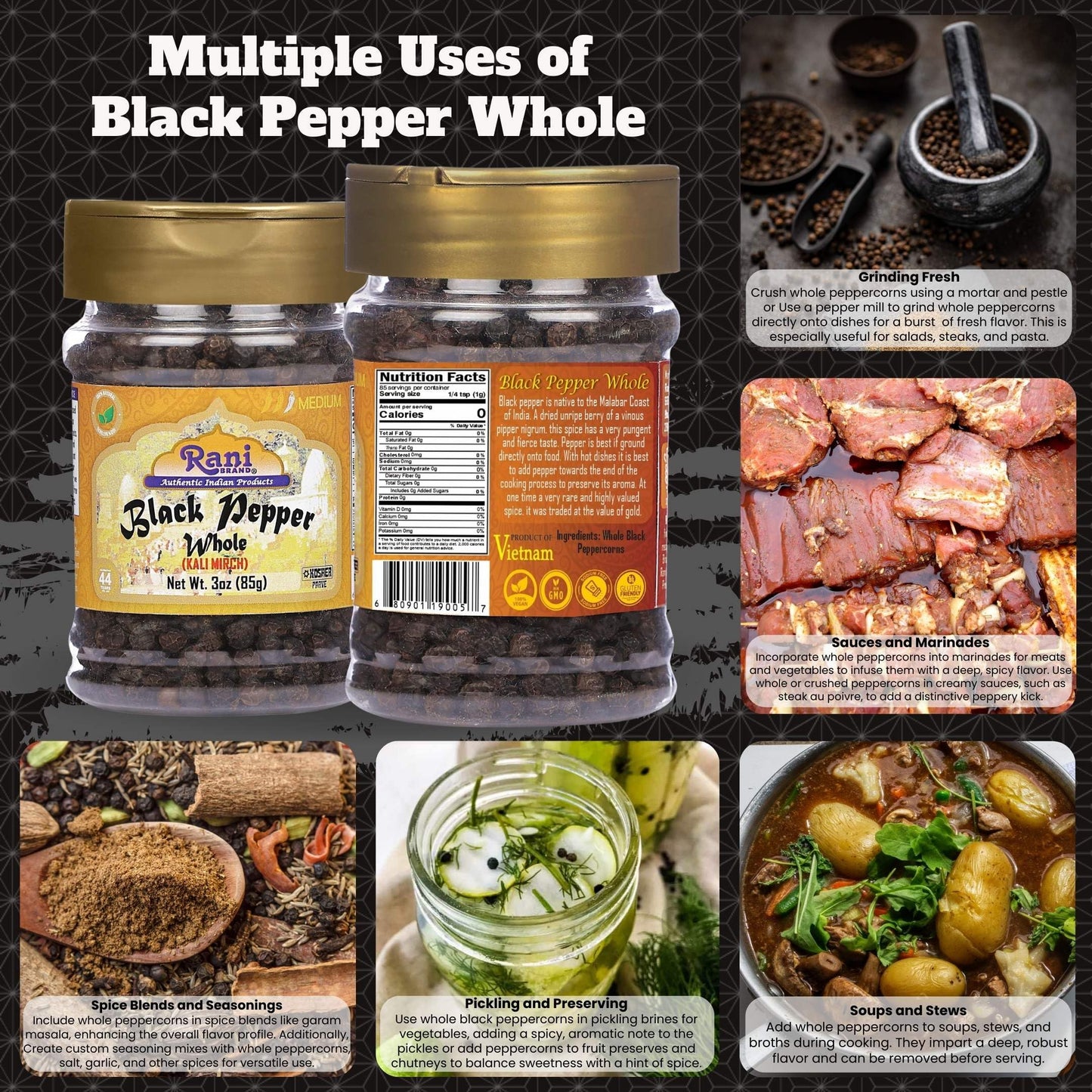 Rani Black Pepper Whole (Peppercorns), Premium MG-1 Grade, 3oz PET Jar, Gluten Friendly, Non-GMO, Kosher, Product of Vietnam