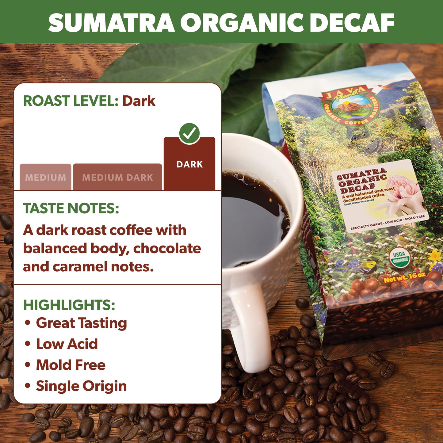 Low Acid Organic Coffee - Whole Bean, Mold-Free & Stomach Friendly by Java Planet, Sumatran Single Origin Decaf Coffee, Dark Roa
