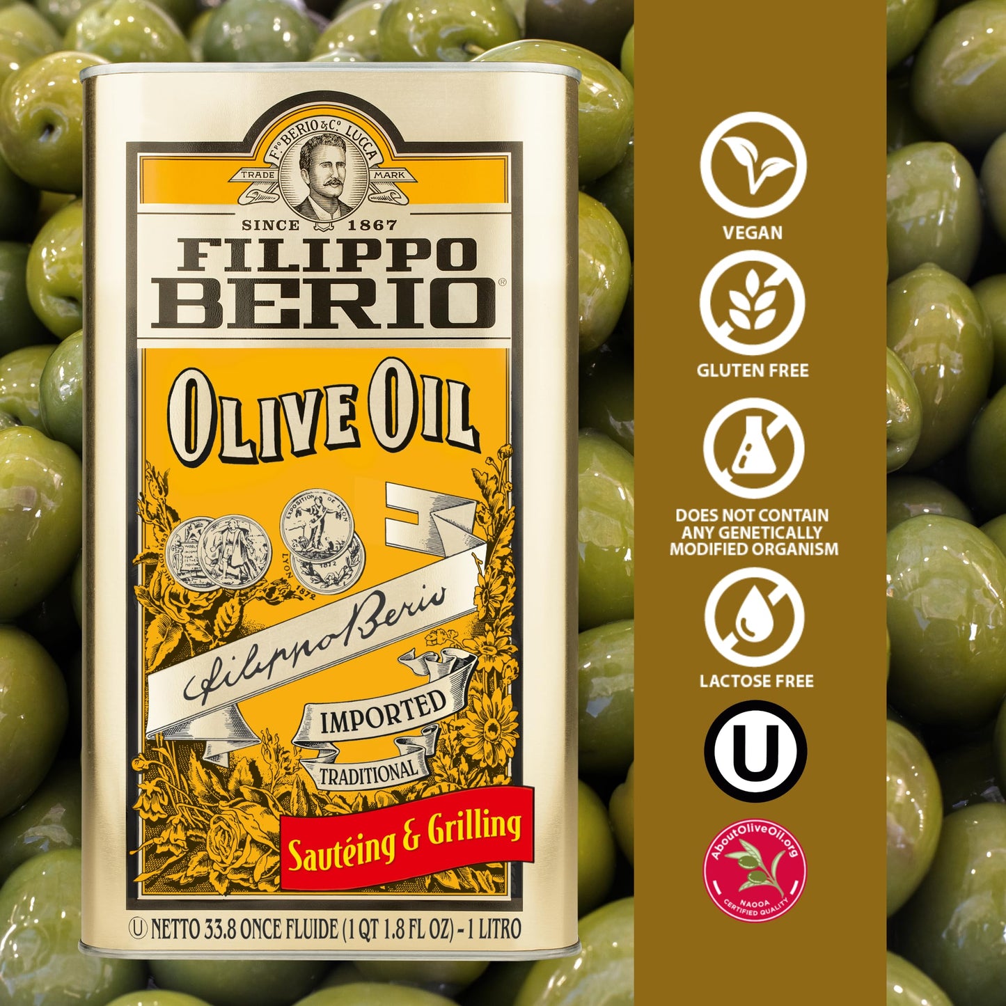 Filippo Berio Pure Olive Oil, 1 Liter Tin (33.8 Ounce)