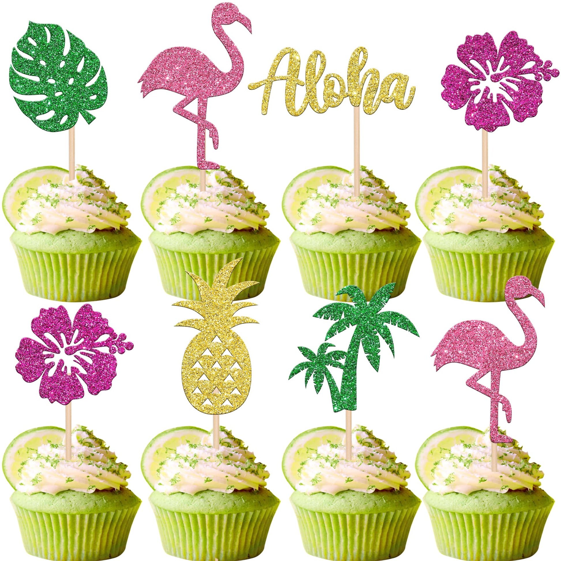 YCTHUNFISH 24 Pack Tropical Cupcake Toppers, Glitter Flamingo & Pineapple Decorations, Bamboo, Aloha Luau Theme, Summer Party Supplies