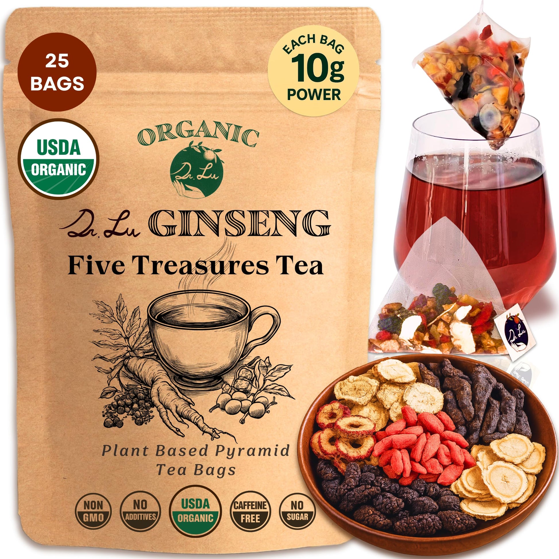 Dr. Lus Organic Flavor Blendseng Five Treasures Tea Kidney Tea | Flavor Blendseng Six Treasures Tea For Kidney Cleanse Detox & Repair With Maca Root In Corn Fiber Pyramid Bags (No Plastic/Nylon) | Made In Us