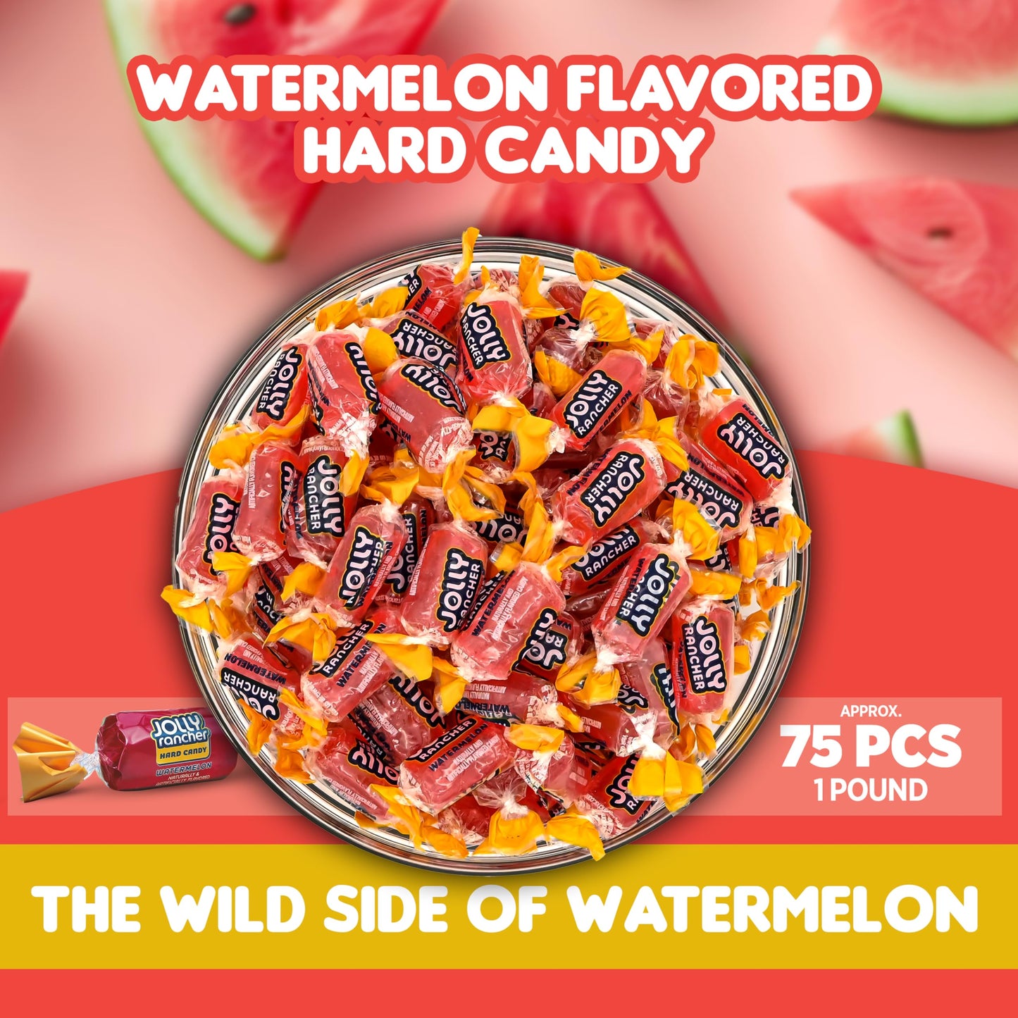 Watermelon Jolly Ranchers Hard Candy - Original Flavor - 1 LB Bulk Bag (Approx. 75 Pieces) - Individually Wrapped Sweet & Tart C