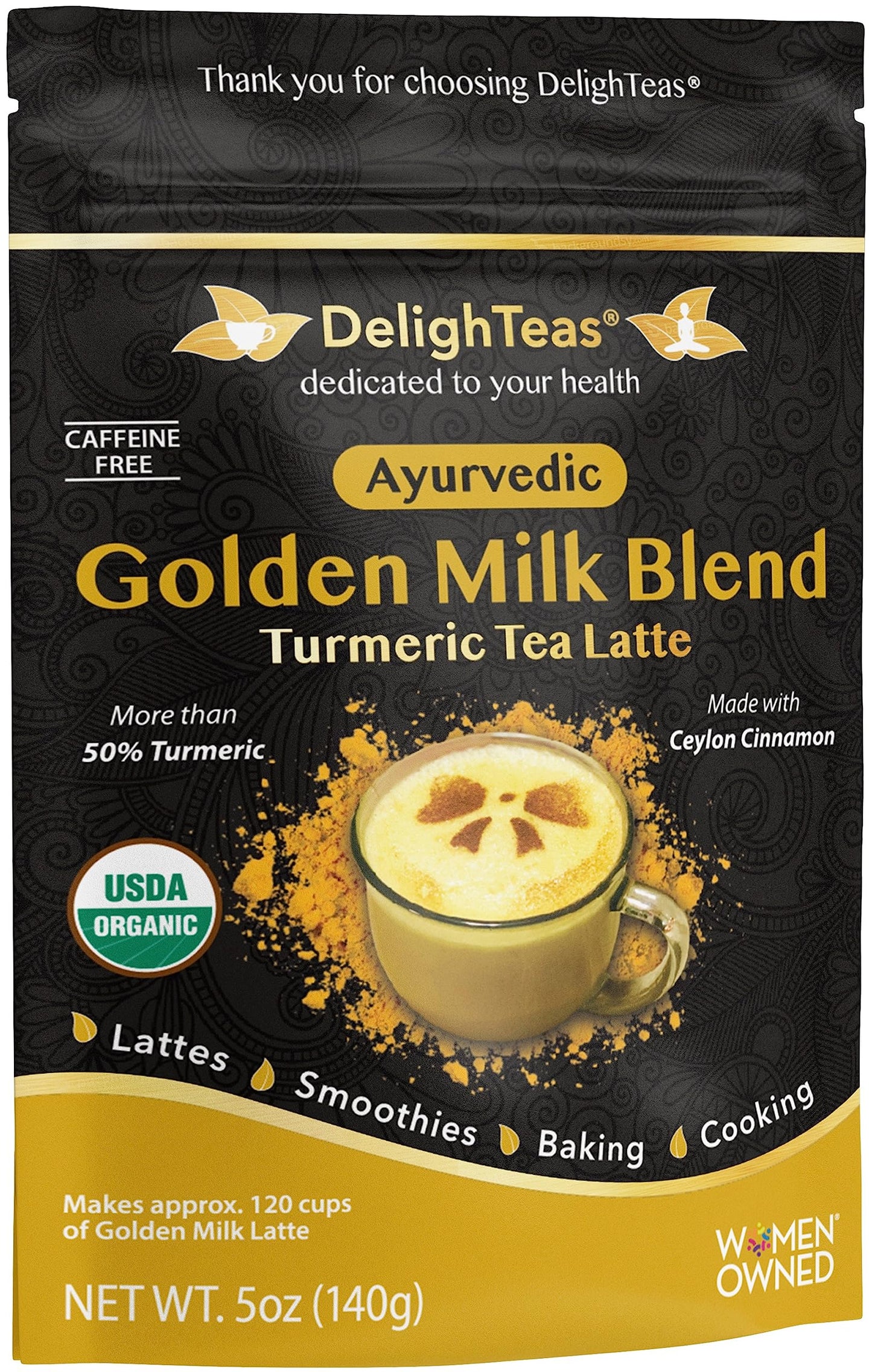 DelighTeas Organic Golden Milk Powder with Turmeric, Ginger, Ceylon Cinnamon - Vegan, Non-GMO, Keto - 5 oz.