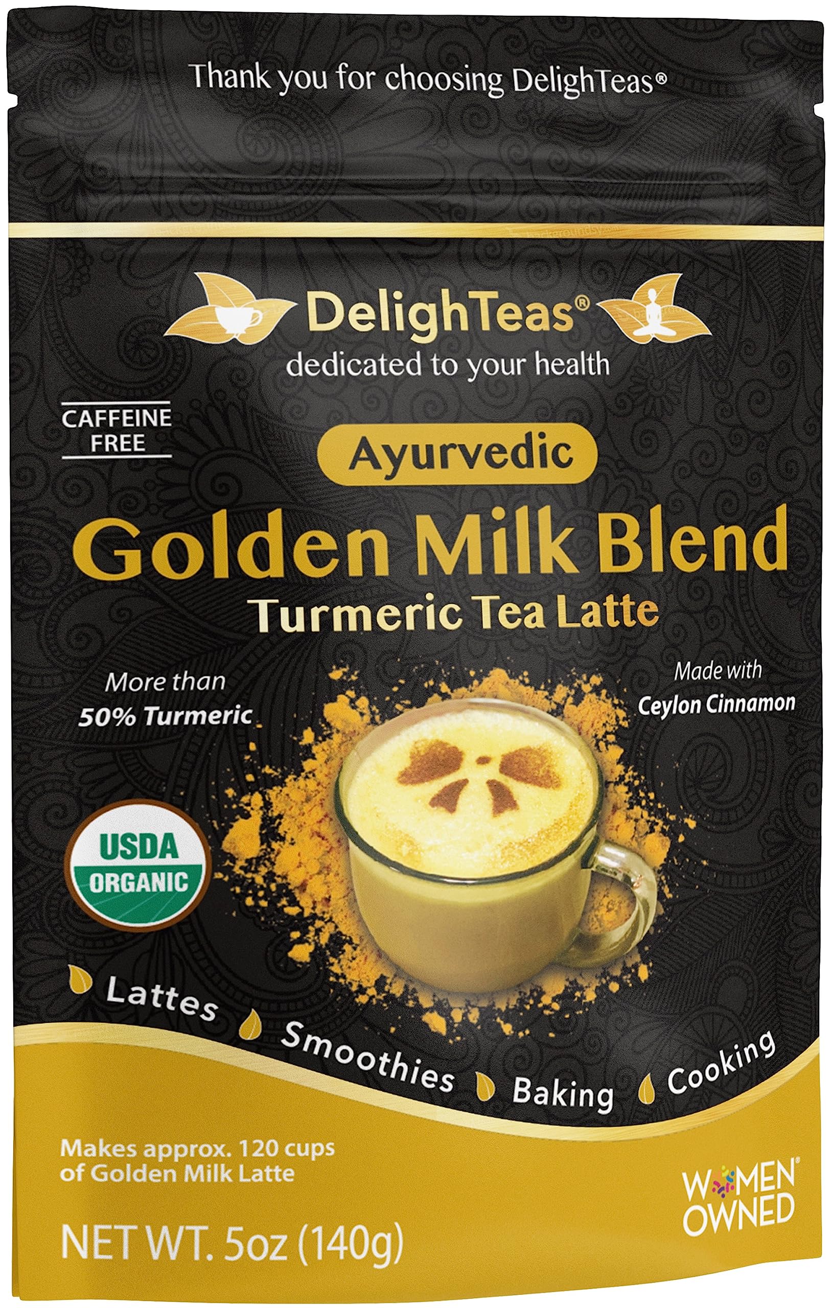 DelighTeas Organic Golden Milk Powder with Turmeric, Ginger, Ceylon Cinnamon - Vegan, Non-GMO, Keto - 5 oz.