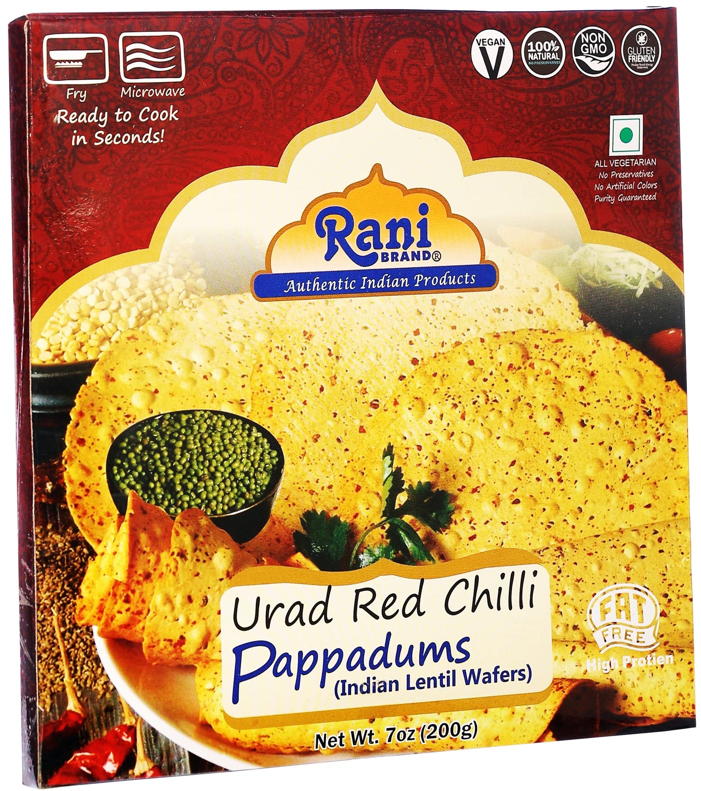 Rani Pappadums (Indian Lentil Wafer Snack) Red Chilli Papad 7Oz (200G) Approximately 15Pc, 7 Inches ~ All Natural | Gluten Frien
