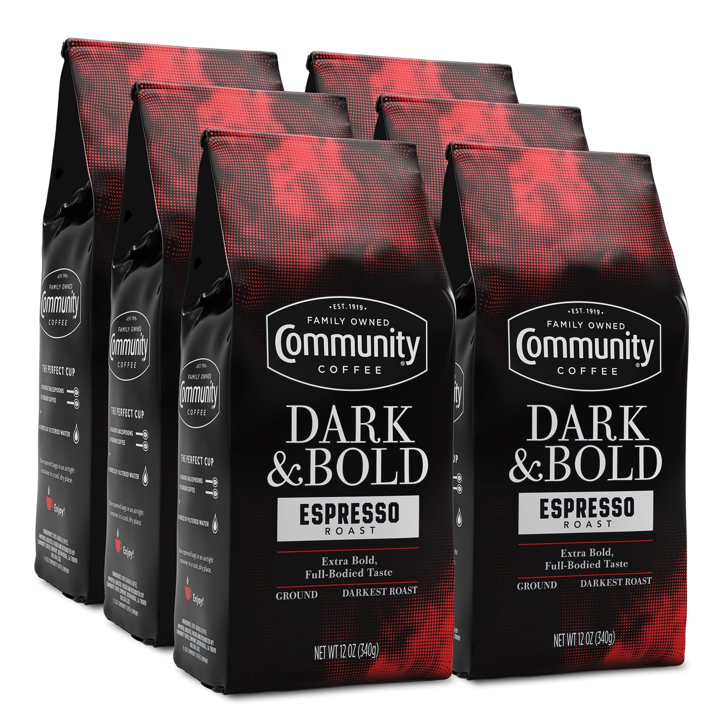 Community Coffee Dark & Bold Espresso Roast Ground Coffee, Extra Dark Roast, 12 Ounce Bag (Pack of 6)