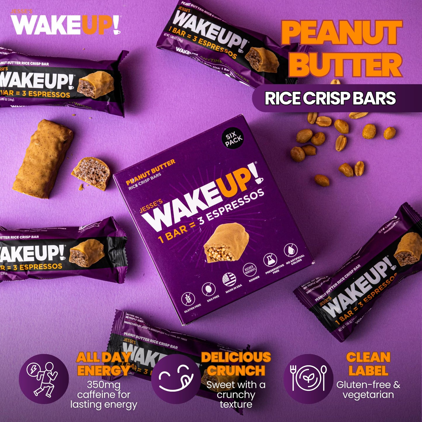 Jesses WakeUP! Peanut Butter Protein Bars - 350mg Caffeine, Gluten-Free, Vegetarian, 6 Pack