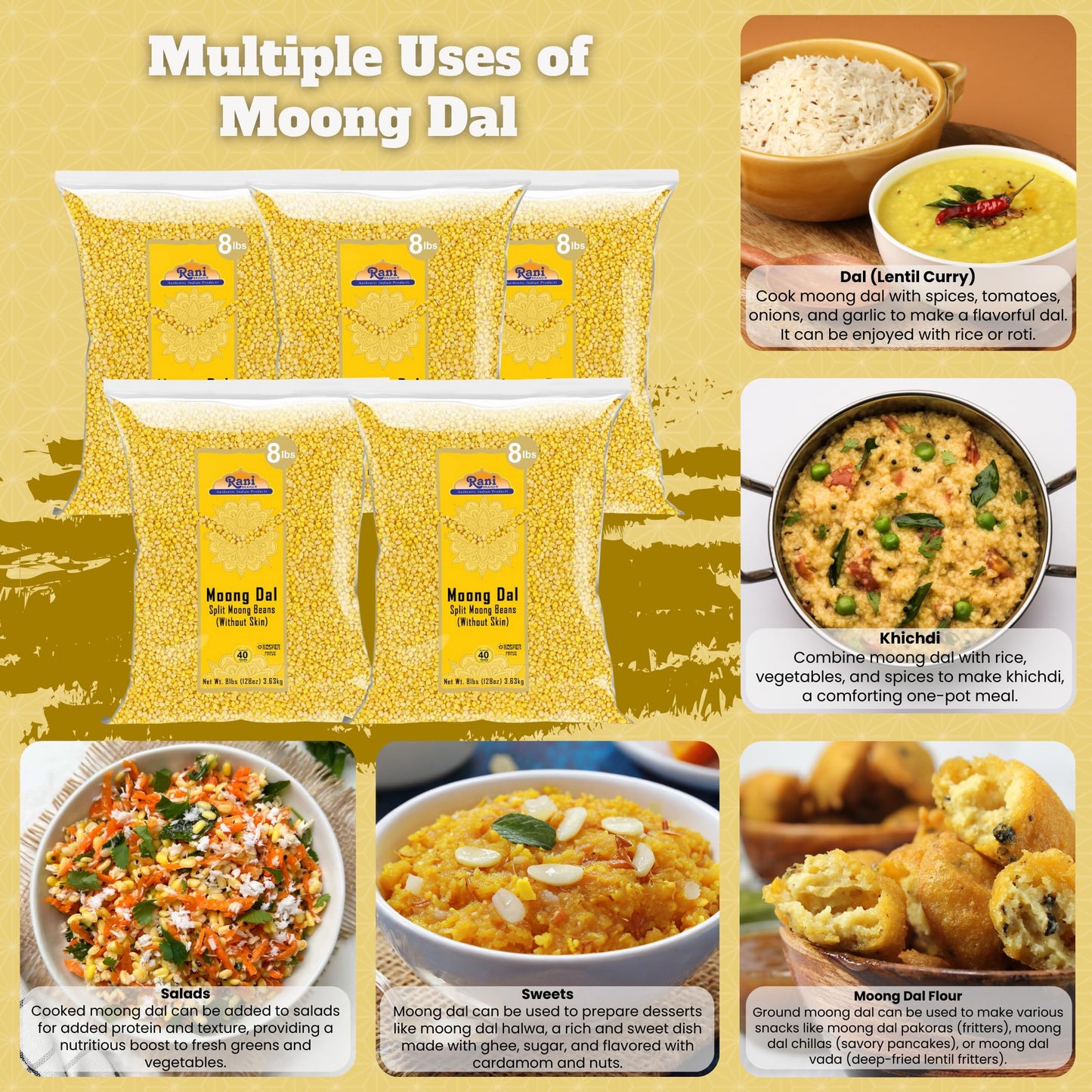 Rani Moong Dal (Split Mung Beans Without Skin) Lentils Indian 128Oz (8Lbs) 3.63Kg X Pack Of 5 (Total 40Lbs) Bulk ~ All Natural | Gluten Friendly | Non-Gmo | Vegan | Indian Origin