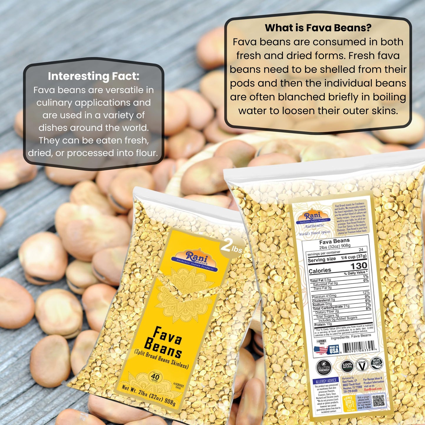 Rani Fava Beans (Split Broad Beans Skinless) 32Oz (2Lbs) 908G ~ All Natural | Gluten Friendly | Non-Gmo | Kosher | Vegan | Produ