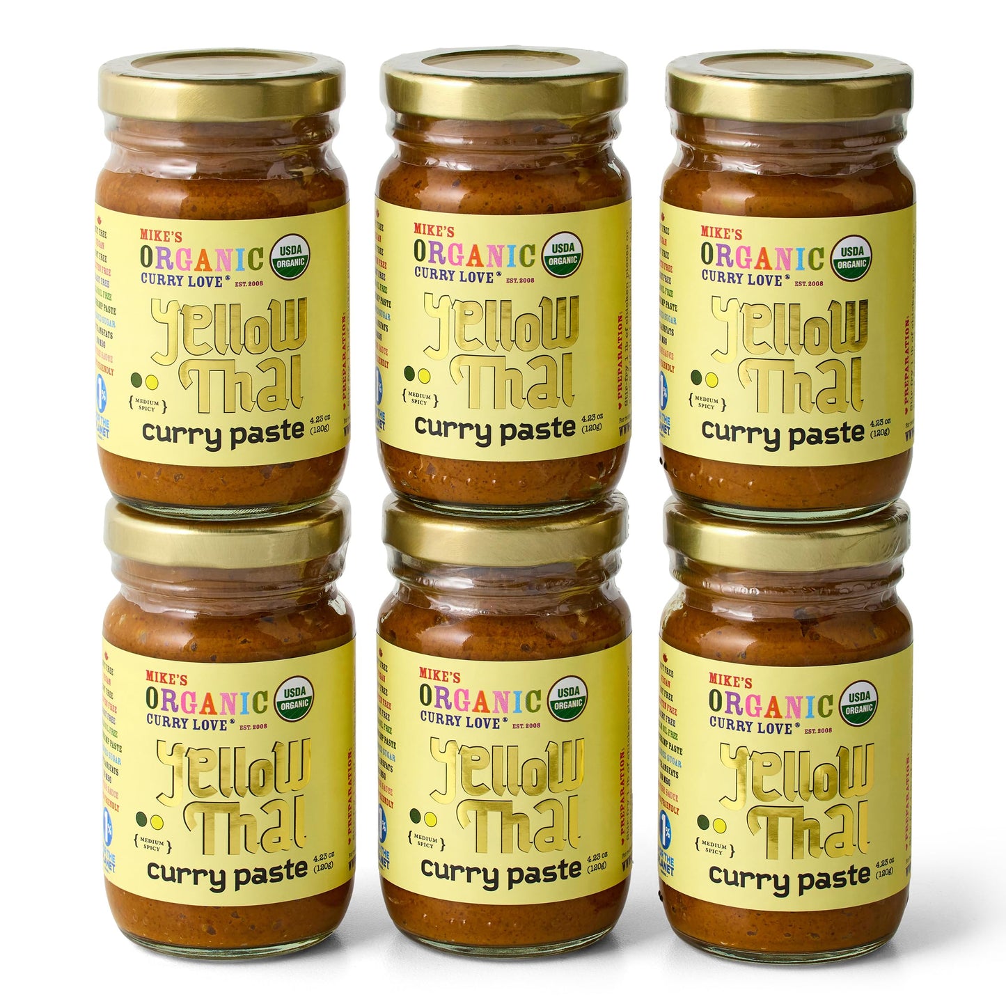 Yellow Thai Curry Paste ORGANIC. VEGAN. DAIRY FREE. SUGAR FREE. KETO FRIENDLY. MADE IN THAILAND. Case of 6 x 4.23 oz Glass Jars