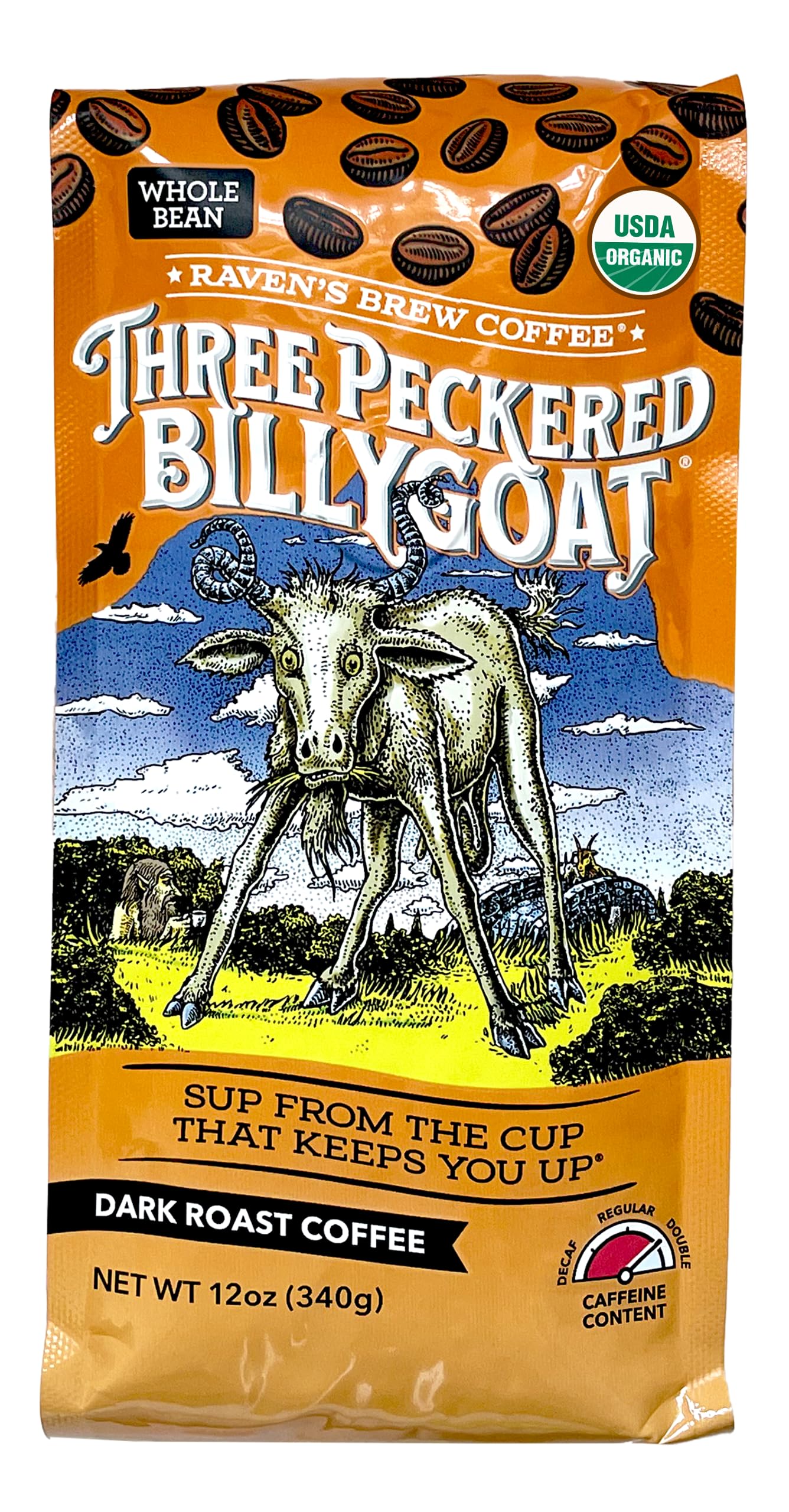 Raven'S Brew Coffee Bold Organic Coffee Dark Roast Whole Bean - Organic Three Peckered Billy Goat 12Oz
