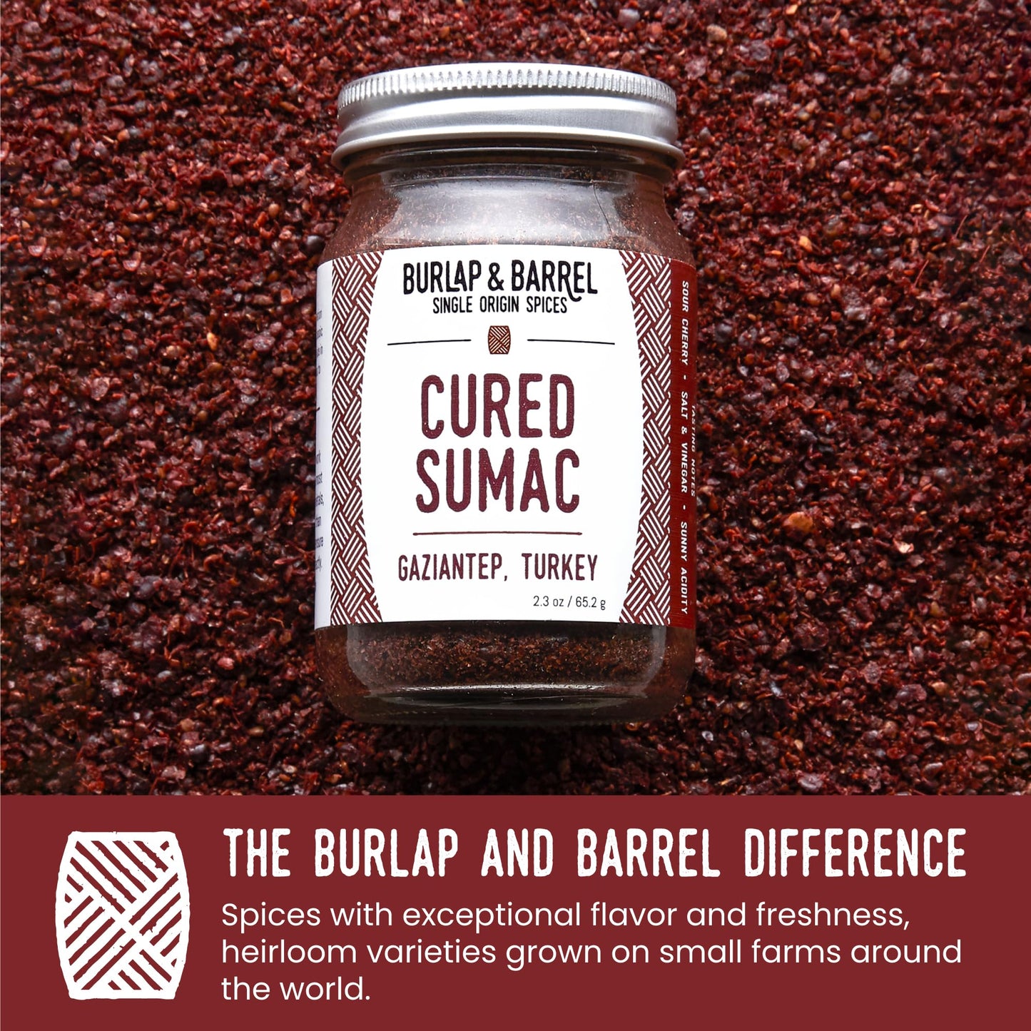 Burlap & Barrel Cured Sumac - Bright, Sour, Salty, Slightly Fermented Spice - Ground Sumac For Cooking - Savory Tartness - As Seen On Shark Tank - Kitchen Gift For Cooks - 2.3Oz Glass Jar