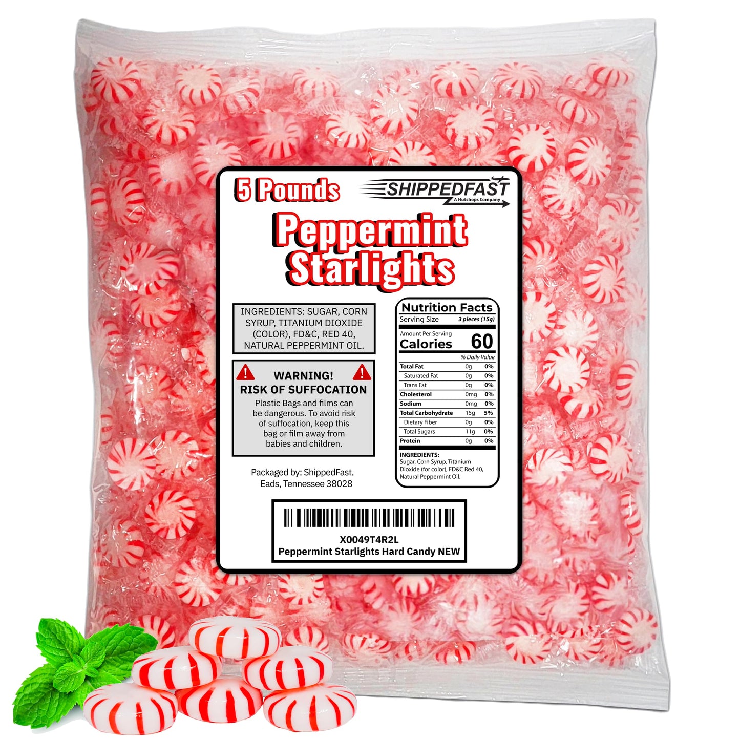 Shippedfast Peppermint Starlights Candy Mints, Real Peppermint Oil, Bulk Bag, 5 lb Hard Candy