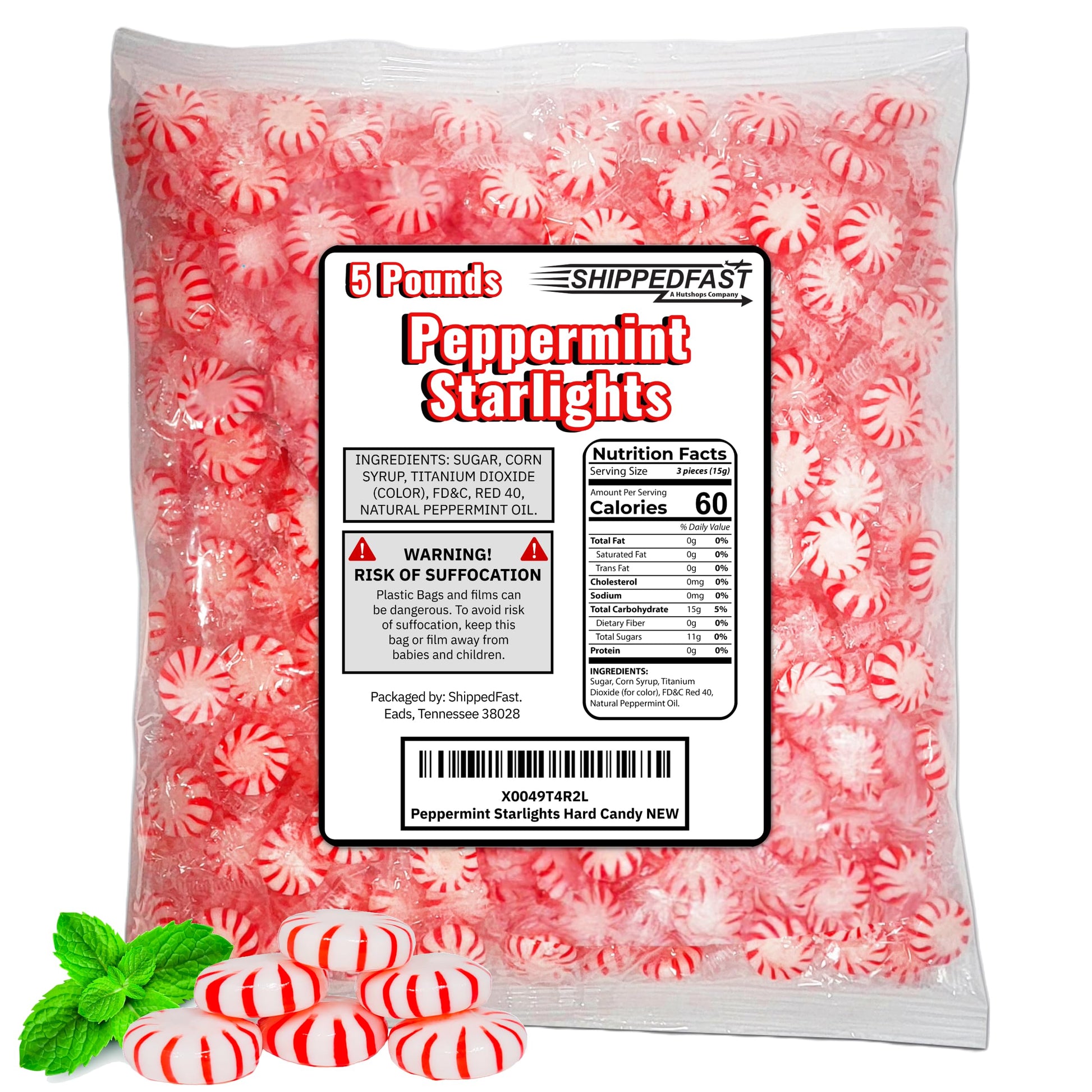 Shippedfast Peppermint Starlights Candy Mints, Real Peppermint Oil, Bulk Bag, 5 lb Hard Candy