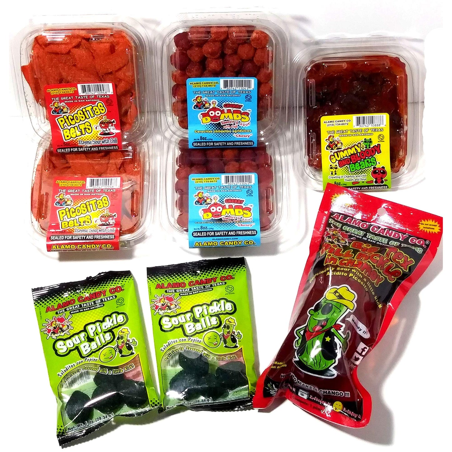 Topmake Alamo Candy Variety Pack - 8 Piece Set - Mexican Candy Mix with Gummy Bears, Cherry Bombs, and Dill Pickle - Lime