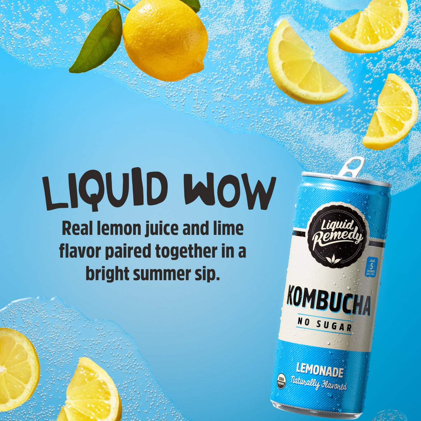 Liquid Remedy Kombucha Sugar Free Organic Drink, Low Calorie, Probiotic Like Tea For Gut Health - Lemonade - 8.5 Fl Oz Can, 24-P