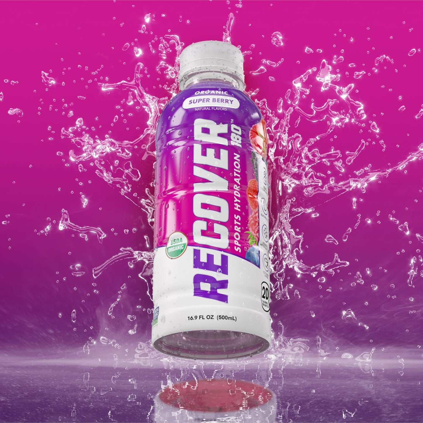 RECOVER 180 Organic Sports Hydration Drink, No Sugar Added, 15 Calories, 16.9 Fl Oz (Pack of 12), Super Berry Flavor
